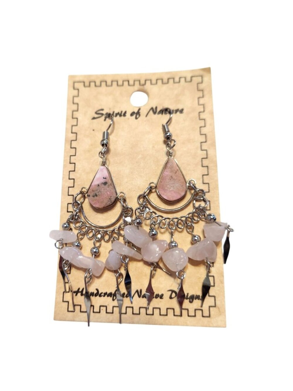 Spirit of Nature Pink Stone Southwestern Silver Tone Dangle Earrings Rose Quartz